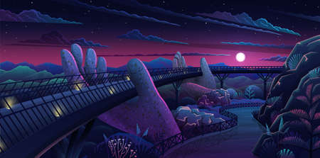 Vietnam tourist attraction, golden pedestrian bridge. Bridgework overlooking mountain landscape at night. Huge construction in Thien Thai Garden. Golden bridge in stone hands, famous landmark da nangのイラスト素材