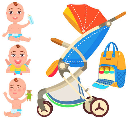 Playing and eating baby set near stroller. Device, vehicle for transporting children. Carriage for riding kids, walking with child. Pushchair with push handle and wheels. Backpack with baby bottlesのイラスト素材