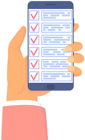 Month scheduling, to do list, time management app. Checklist, to do plan on smartphone in human hand. Plan fulfilled, task timetable on phone screen. Check list planning, application for scheduleのイラスト素材