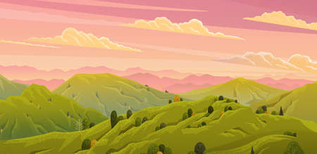 Green landscape with mountains vector illustration with trees and bushes in foreground. Rural summer...