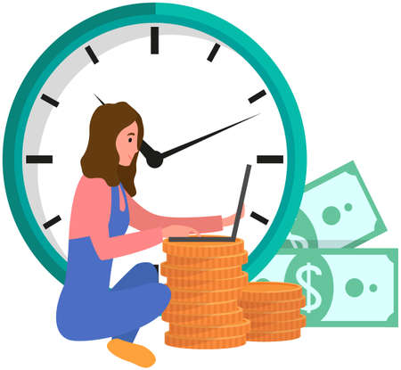 Businesswoman with laptop working with finance, funds and profit growth. Accumulating and collecting money. Woman with computer exaggerates profits. Success, wealth, earnings, salary conceptのイラスト素材