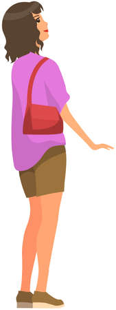 Woman holding handbag looking at something behind her. Side view of girl, vector illustration isolated on white background. Female character with short dark hair, dressed in shorts and shirtのイラスト素材