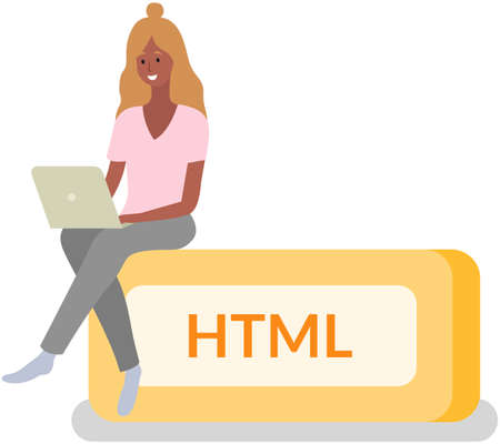 Woman programmer, html button and laptop. Programming or coding, digital technology. Lady is working with electronic device to create websites. Html developer sitting on block with text HTMLのイラスト素材