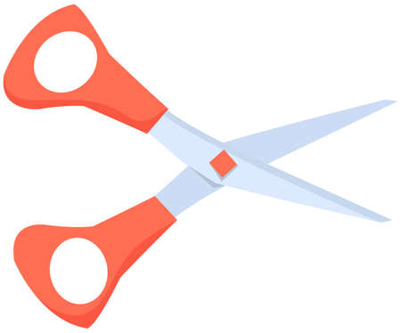 Scissors, tool made of blades and plastic handles. Equipment for creativity, cutting materials. Iron scissors with green handles isolated on white background. Sharp cutting tool, shears, clippersのイラスト素材