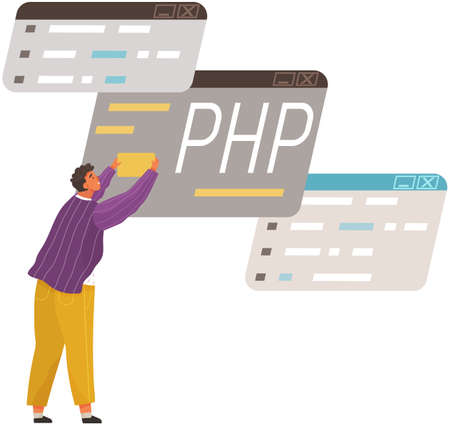 Programmer engineering and coding. Coder programmers working on web development on computer. Concept of script coding and programming in php, javascript, python, other languages. Software developersのイラスト素材