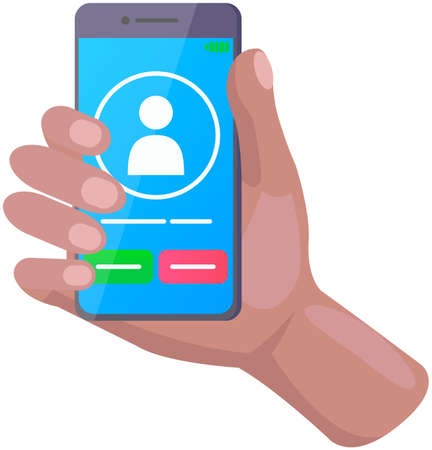Hand holding smartphone with incoming call and finger touch screen. Receiving phone call using cellular communication. Phone screen with reject and accept buttons. Contacts, ringtone on smartphoneのイラスト素材
