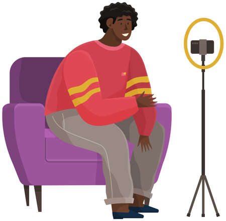 African american man communicates with friend via video call. Video communication, online talk. People have dialogue online, communcate via Internet. Man is talking using phone vector illustrationのイラスト素材