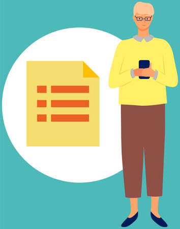 Man standing with mobile phone using smartphone to share posts and news in social networks, chatting with friends, sending message, makes notes. Guy holds smart phone to make repost of video and newsのイラスト素材