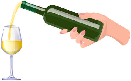 Champagne is poured into glass. Sparkling wine, light alcoholic drink for holiday celebration. Champagne bottle in human hand and pouring into glass drink. Alcohol, sparkling wine for drinkingのイラスト素材