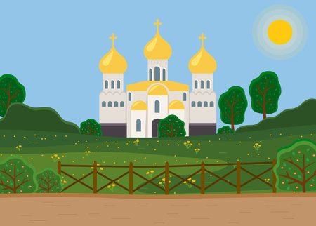 Old Orthodox Church isolated. Temple vector classic cathedral illustration. Religious building in style of ancient architecture, traditional prayer house, dome with cross on roofのイラスト素材
