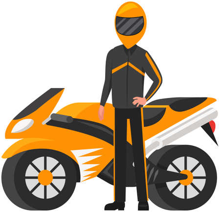 Modern super sports bike. Motorcyclist in helmet and protective suit stands near motorcycle. Man engaged in extreme sports, bike riding. Biker next to sports motorcycle isolated on white backgroundのイラスト素材