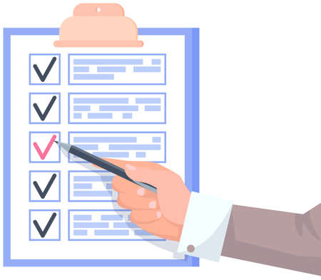 Clipboard with checklist, daily plan with tick marks. Human hand points to checklist, to do list. Check sheet, scheduling timetable, planning schedule, time management, task completed conceptのイラスト素材