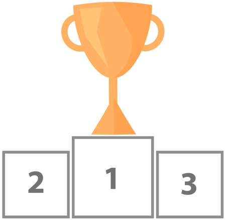 Trophy and podium as symbols of victory. Winning competition, gold prize, first place. Pedestal with gold cup isolated on white background. Achievement of success, victory, result of competitionのイラスト素材