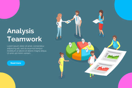 Visualize with business analytics. People work with statistical data analysis, changing indicators. Employees analyze statistical indicators, business data. Characters work with marketing researchのイラスト素材
