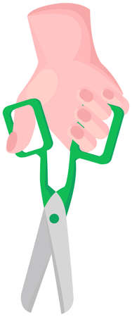 Scissors, tool made of blades and plastic handle isolated on white background. Equipment for creativity, cutting materials. Iron scissors in human hand. Sharp cutting tool, shears, clippersのイラスト素材