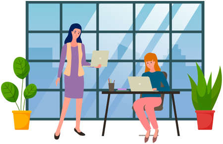 Chatting, communication and sending messages via Internet. People using laptop to chat. Typing on computer keyboard, online home relaxation. Colleague spends time at laptop for communicationのイラスト素材