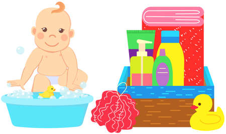 Baby sitting in basin of foam near set of bathroom items in box, bath accessories for cleaning body. Supplies for children, baby bathing. Soap, shower gel, shampoo, duck toy and sponge for baby bathのイラスト素材