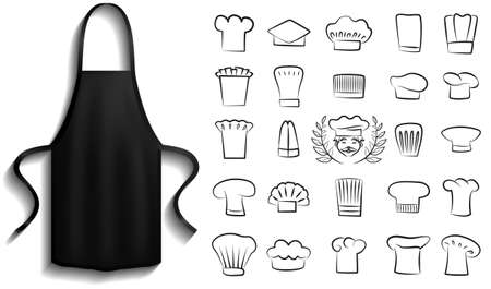 Black aprons near cooking symbols. Clothes for work in kitchen, protective element of clothing for cooking. Chef clothing with long straps. Aprons next to icons of kitchen utensil, toqueのイラスト素材