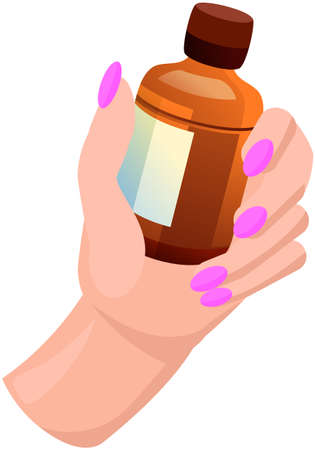 Glass bottle with brown medicine in woman hand. Medicine, healing liquid, antibacterial substance in container. Iodine, wound care fluid, disinfectant. Brown sanitizer liquid in glass bottleのイラスト素材