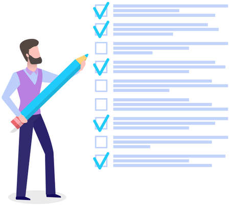 Month scheduling, to do list, time management. Businessman stands near checklist and planning. Plan...