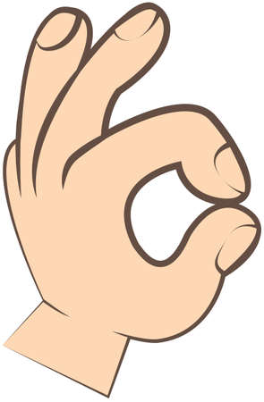 Human hand, showing OK sign, fingers showing symbol of great state. Vector isolated gesture index finger and thumb show zero, everything is good, OK. Counting on fingers, sign of agreement and successのイラスト素材
