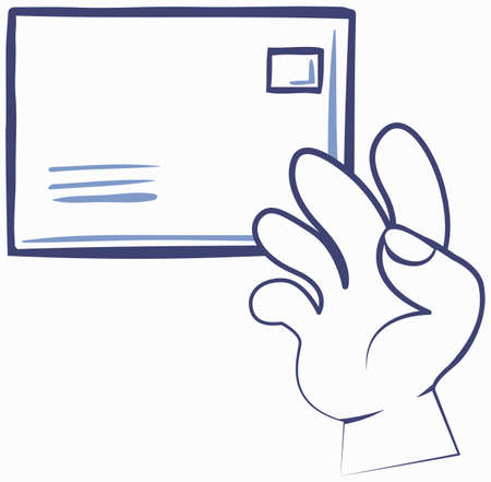 Envelope with paper letter mail message and hand in cartoon style communication icon. Correspondence via paper and pages. Monochrome sketch outline mail and post isolated on white. Business documentのイラスト素材