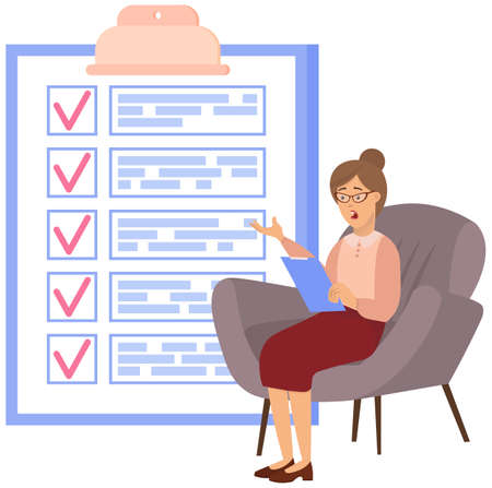Month scheduling, to do list, time management, checklist. Terrified woman sitting near to do plan and planning. Plan fulfilled, task completed, timetable sheet. Check list planning, schedule conceptのイラスト素材