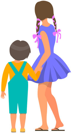 Happy kids son and daughter walking outdoors together outside back view. Sister holds her brother by hand. Children stand and look into distance. Family leisure activity vector illustrationのイラスト素材