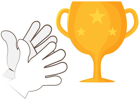 Concept of receiving significant prize. Human hands reach for coveted golden goblet trophy cup. Glossy award, first place, winner symbol, championship element of goal, first place, achieving successのイラスト素材