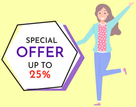 Woman standing near hot sale in online store icon. Discounts, marketing, sale of goods on Internet. Online shopping, trade, selling, distribution concept. Sale advertisement, announcement of discountのイラスト素材