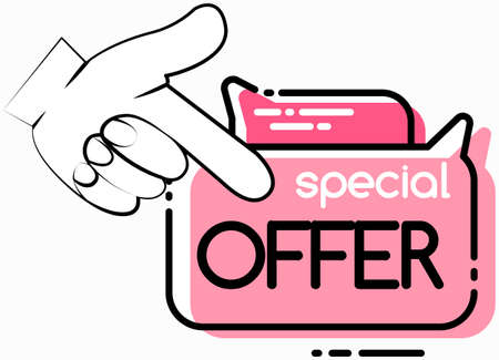 Big sale banner best price. Hot sale and discount. Special offer text and hand. New arrival, big sale and special offer. Black friday up to. Big discount with human hand pointing to advertising phraseのイラスト素材