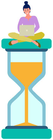 Procrastination in business process concept. Businesswoman sitting on hourglass with laptop and working. Time management, multitasking, labor productivity infographics. Remote work, online freelancingのイラスト素材