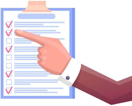 Clipboard with checklist, daily plan with tick marks. Human hand points to checklist, to do list. Check sheet, scheduling timetable, planning schedule, time management, task completed conceptのイラスト素材