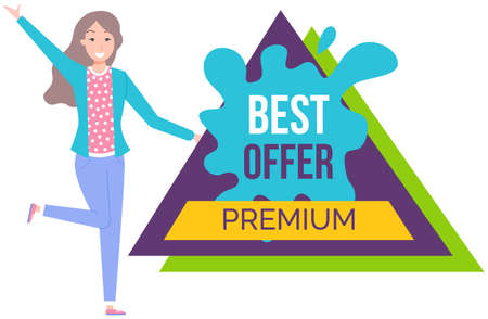 Woman standing near hot sale in online store icon. Discounts, marketing, sale of goods on Internet. Online shopping, trade, selling, distribution concept. Sale advertisement, announcement of discountのイラスト素材