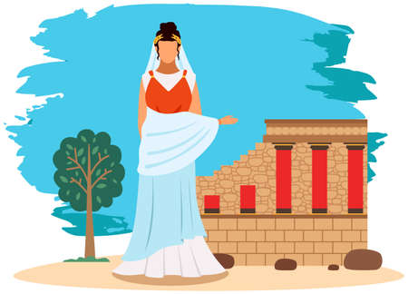 Roman woman in traditional clothes, citizen of ancient rome stands near destroyed building with columns. Young antique female as roman empress wearing in long dress with gold laurel wreath on her headのイラスト素材