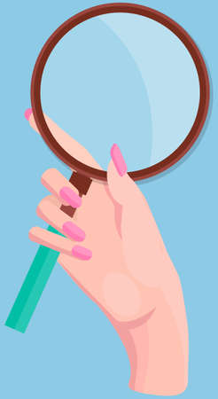 Hand holding magnifying glass. Mock up with transparent glass isolated on blue. Searching, detecting, exploration, zoom, scrutiny, audit, inspection concept. Magnifier, loupe, magnifying glass in handのイラスト素材