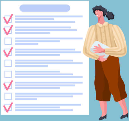 Month scheduling, to do list, time management concept. Woman stands near to do plan and planning schedule. Plan fulfilled, task completed, timetable sheet. Lady works with check list planningのイラスト素材