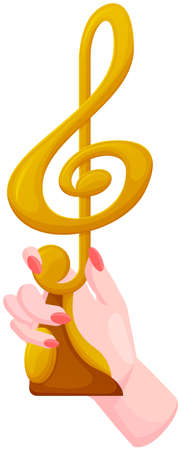 Treble clef in human hand. Musical symbol, melody start, linear notation sign. Key G, musical sign, notes, melody, music creation symbol. Woman holding treble clef in her hand vector illustrationのイラスト素材