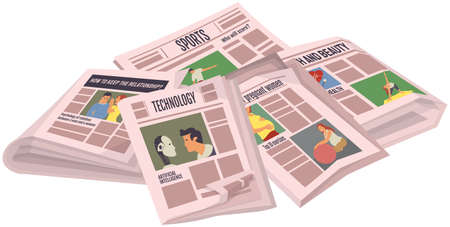 Vintage newspaper set. Daily news articles newsprint magazine old design. Printing text in preess. Brochure newspaper pages with headline of hot news. Paper retro journal vector grunge templateのイラスト素材