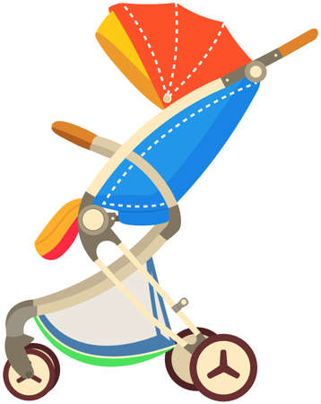 Stroller for walking with child. Device, vehicle for transporting children. Manual carriage for riding kids. Pushchair with push handle and wheels. Baby carriage, stroller vector illustrationのイラスト素材