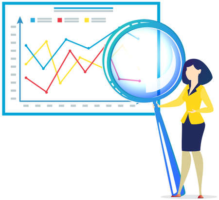 Businesswoman enlarges documents using magnifier. Idea of search for data and analysis. Lady stands with huge magnifying glass. Search for solution, business strategy, idea of new project conceptのイラスト素材