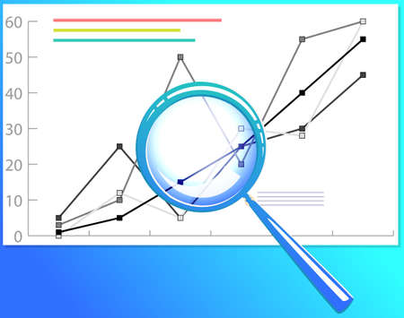 Magnifying glass showing growing bar chart. Data change, growth of statistical indicators, graph. Device for magnifying statistics on financial report. Data analysis, statistical research conceptのイラスト素材