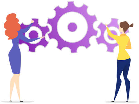 Women examining various gears while working. Setting options, maintenance, repair, fixing concept. Female characters work with development settings. Employees fixing gears isolated on white backgroundのイラスト素材