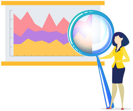 Businesswoman enlarges documents using magnifier. Idea of search for data and analysis. Lady stands with huge magnifying glass. Search for solution, business strategy, idea of new project conceptのイラスト素材