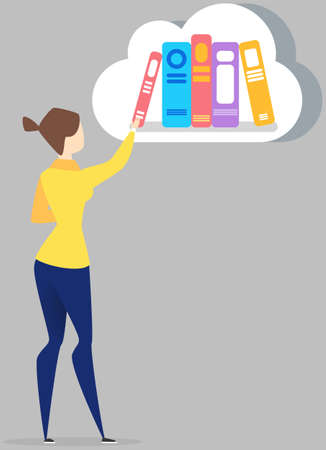Reading book with digital services concept. Cloud as symbol of online library. Studying with archive of books. Electronic library, online ebook store. Woman selects literature, book in cloud storage.のイラスト素材