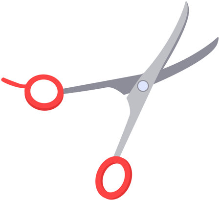 Hairdressing scissors with sharp blades and additional handle for holding. Barber tool, barbershop symbol, haircut creation equipment. Hairdresser tool for cutting hair isolated on white backgroundのイラスト素材