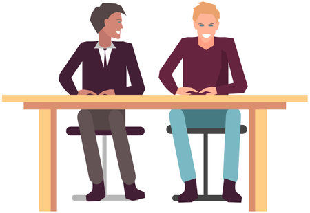 Businesspeople have project strategy planning meeting. Teamwork with business plan, creating new creative project. Meeting to discuss starting business. Colleagues discussing work in entrepreneurshipのイラスト素材