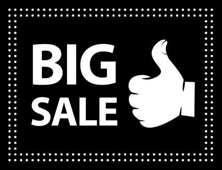 Big sale banner. Sale and discounts. White text and hand on black background. New arrival, big sale and special offer. Black friday up to. Big discount with human hand showing symbol Like thumb upのイラスト素材
