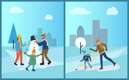 Family sculpts snowman from snow in winter city park vector. People with man made of snow with carrot nose and bucket on head, hockey training father flat styleのイラスト素材