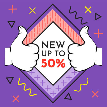 Big sale banner. Sale and discounts. White text and hand on black background. New arrival, big sale and special offer. Black friday up to. Big discount with human hand showing symbol ok thumb upのイラスト素材